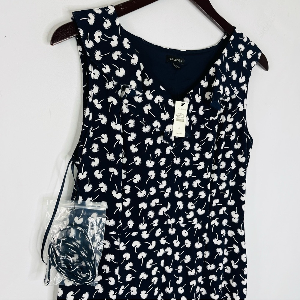 Talbots NEW Size 8 Floral Navy V-Neck Sheath midi Chiffon Dress Belted - Picture 2 of 8